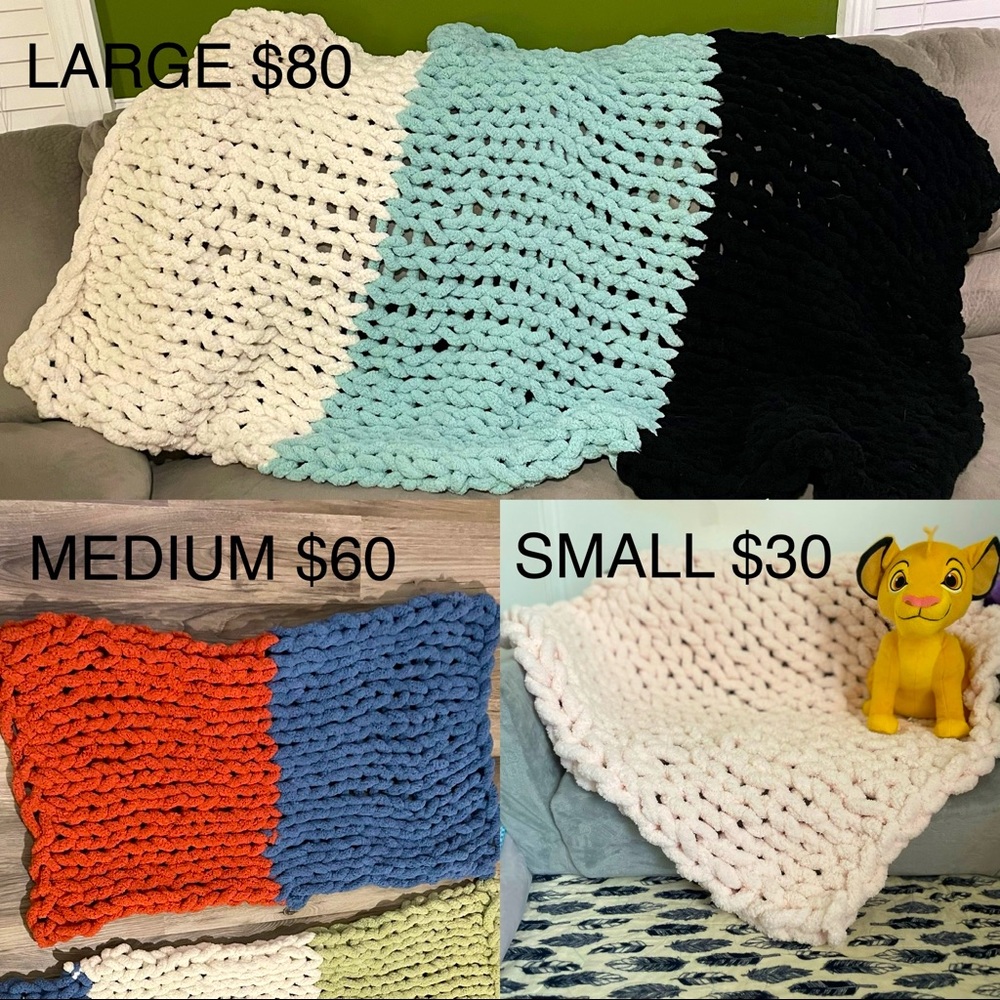 Handmade chunky knit blanket. Three sizes (small $30, medium $60, large$80)
